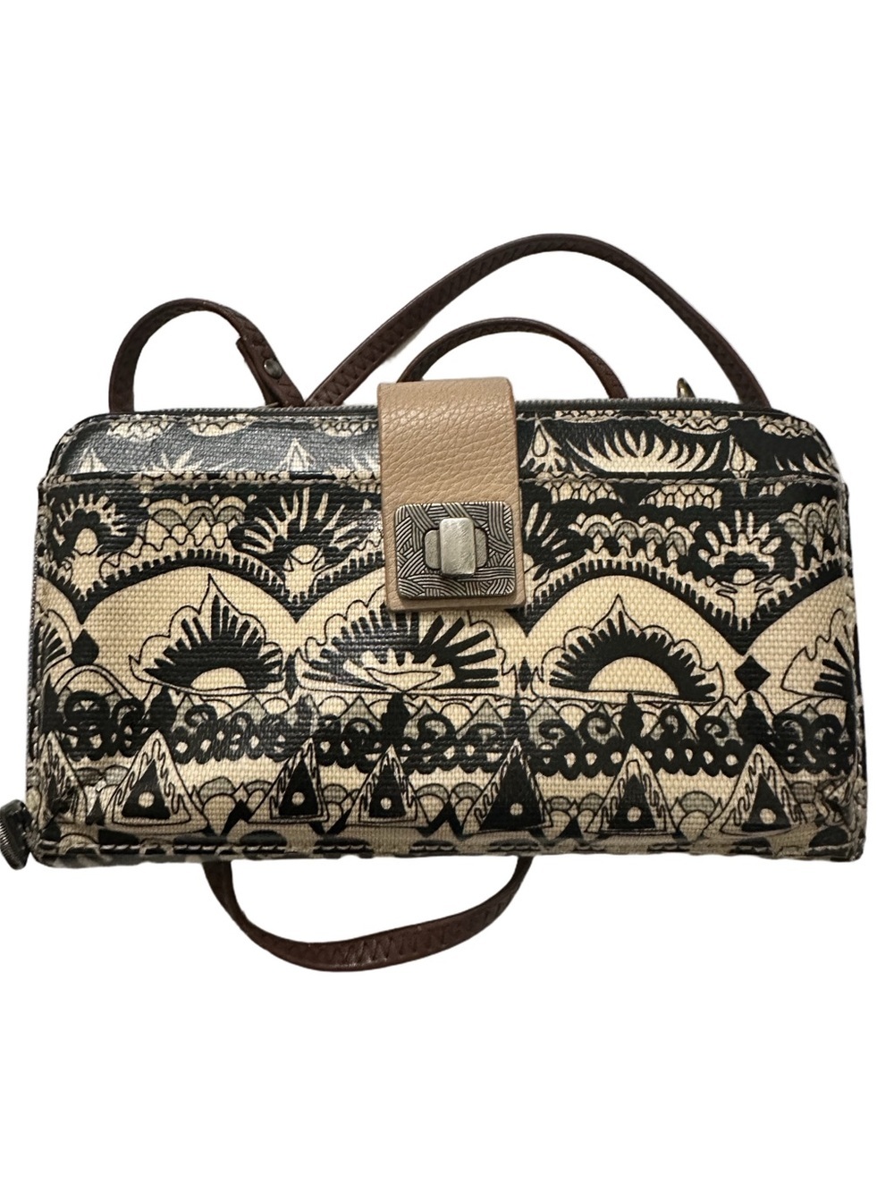 Sakroots Women's Crossbody Large Smartphone Bag Coated Canvas Black Tan Brown